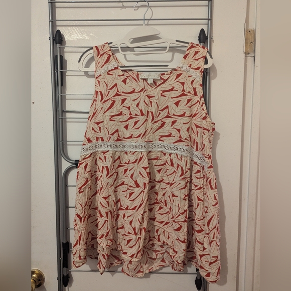 Red/white patterned lace trim sleeveless top XL Suzanne Betro - Picture 1 of 7